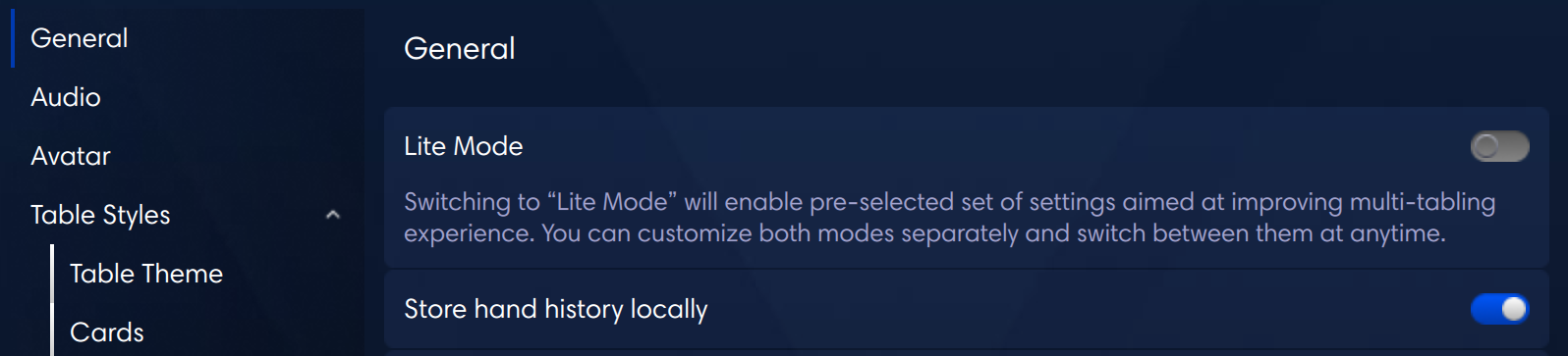 iPoker settings — Store hand history locally