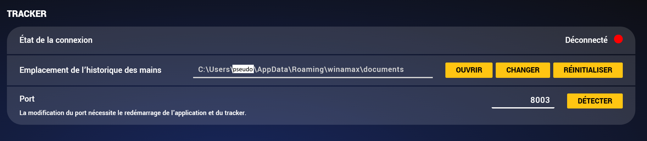 Winamax settings — Hand history location
